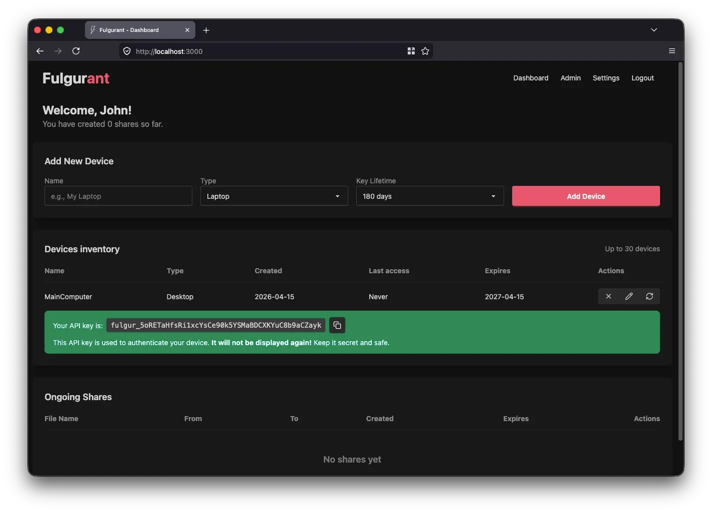Screenshot: API Keys dashboard