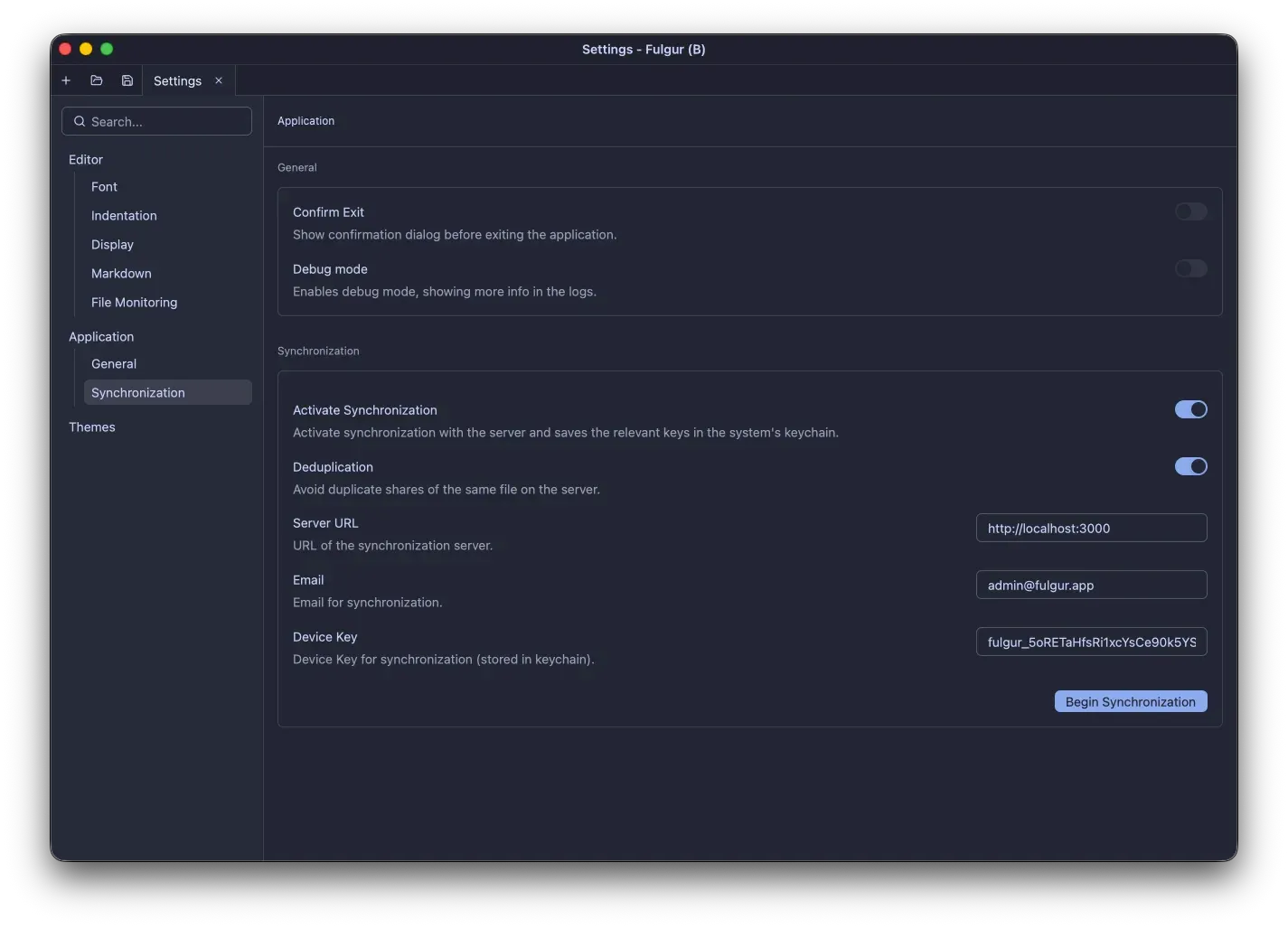 Screenshot: Fulgur settings